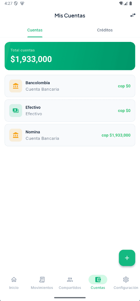 Pantalla de cuentas de Splity
