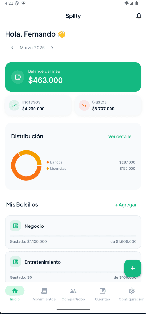 Dashboard de Splity mostrando balance y gastos del mes